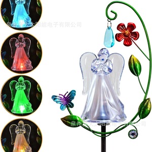 Lampe solaire de jardin en forme d'ange, piquet en acrylique avec décor de fleurs et de papillons, résistante à l'eau, alimentée par l'énergie solaire pour l'extérieur - Product Image 1
