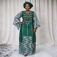 Robe africaine grande taille transfrontalière avec foulard, Nouvelle robe brodée en patchwork et dentelle pour femme