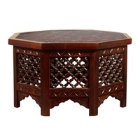 Mesa de Centro Hexagonal de Madera Tallada a Mano con Tapa de Vidrio |   Mesa de Centro con Diseño Tradicional Jali