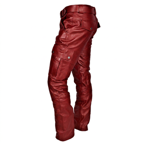 Pantalon cargo décontracté pour homme en cuir d'agneau rouge de haute qualité, léger, taille haute, style motard, plusieurs poches, coupe droite - Product Image 2