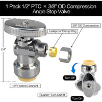 Robinet d'arrêt d'angle à compression, entrée PTC 1/2\", sortie OD 3/8\", connexion rapide, 1/4 de tour, laiton chromé pour robinet/toilette