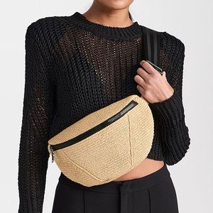 Custom Lightweight Brown Straw Raffia Women's Crossbody Sling Bag Adjustable Wide Strap Fanny Pack Zipper Pockets Travel Outdoor - Product Image 1