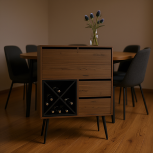 Mueble individual con barra Thistle, cuatro estantes dobles, dos cajones, madera de caoba negra, moderno, independiente, con superficie de madera maciza - Product Image 2