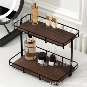 Retro-style double-layer iron and wood combination <b>desktop</b> storage rack for home use, suitable for bathroom vanities, - Product Image 2