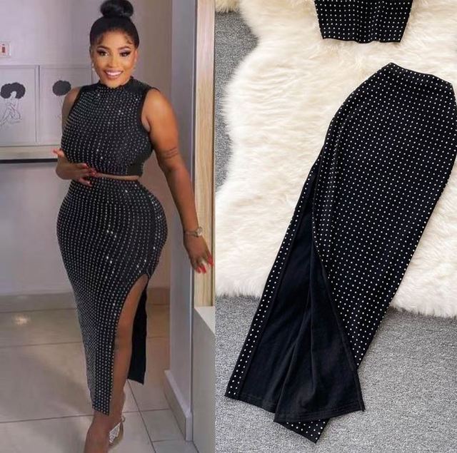 HANOU Summer Short Top Sexy High Waist Wrap Hip Split Mid Length Dress Heavy Industry Hot Diamond Two Pieces Skirt Set