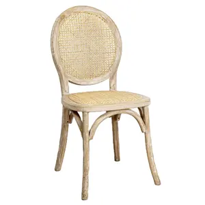 French Style Round Rattan Back With Fabric Upholstered Court Solid Wood Dining Chair