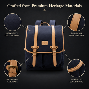 Classic Navy Canvas Laptop <b>Backpack</b> with Leather <b>Straps</b> Zipper Closure Unisex Softback 20-39L Waterproof USB Port Durable Design - Product Image 5