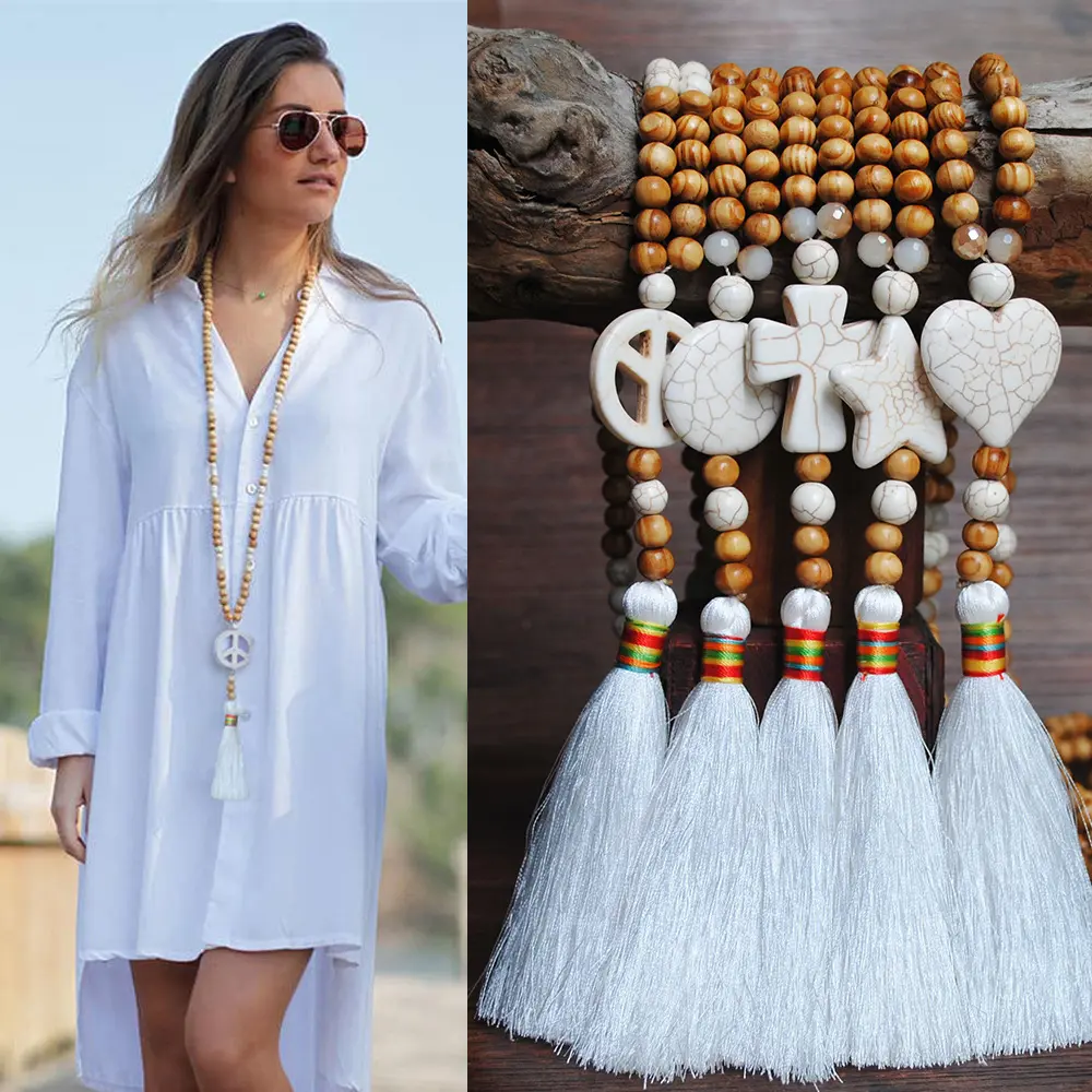 New Handmade Wooden Beads Ethnic Style Sweater Chain Turquoise Peace Tassel Cross Heart Star Pendant Necklace Jewelry for Women