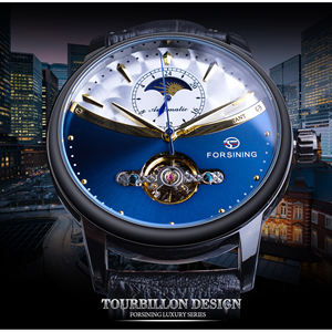 Reloj Automático Forsining Royal Blue Tourbillon para Hombre, Fase Lunar, Correa de Cuero Genuino Negra, Relojes Mecánicos, Otomatik Erkek Saat - Product Image 2