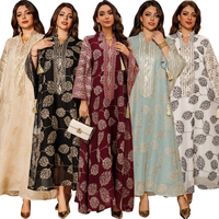 Abaya en polyester respirant et léger à imprimé feuilles et sequins, col en V, manches longues, longueur cheville, style Dubaï, Kaftan, Robe longue musulmane pour adultes