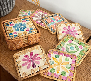 Wholesale Rattan Coasters with Shell Inlay, <b>Round</b> & Square Handwoven Drink Coasters for Cafe & Restaurant - Product Image 6
