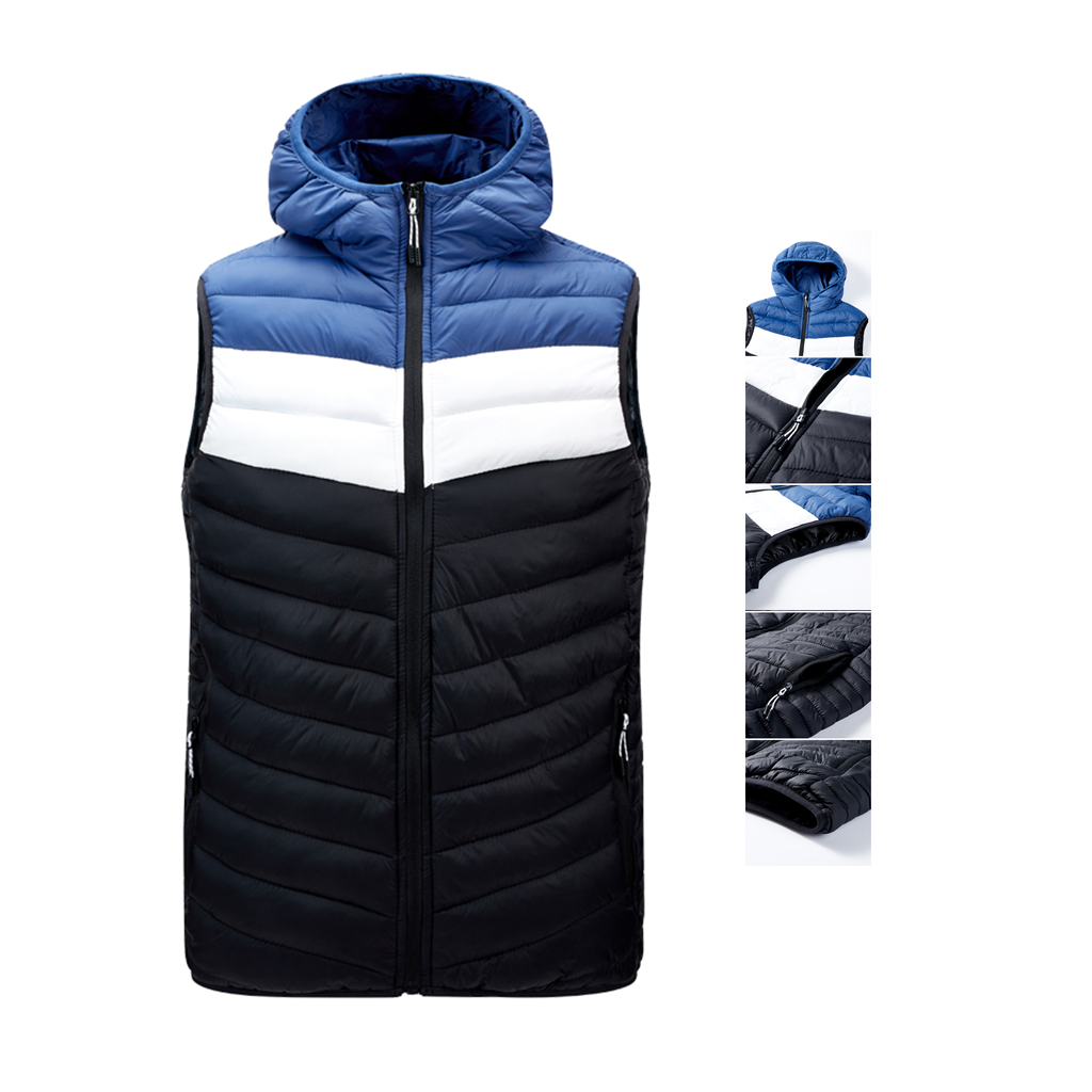 Hoodie Vest Three Hit Color Splice Men Sleeveless Coat Zipper Vest Hooded Male High Street Winter Warm Vest Waistcoat