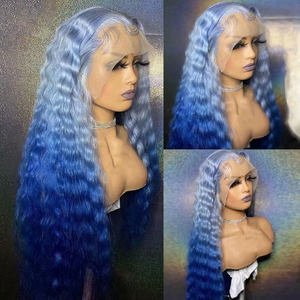 Loose Deep Wave <strong>Wigs</strong> Human Hair Transparent Lace Frontal Closure <strong>Wigs</strong> Ombre Light <strong>Blue</strong>/<strong>Blue</strong> Color Brazilian Hair 10"-30" - Product Image 4