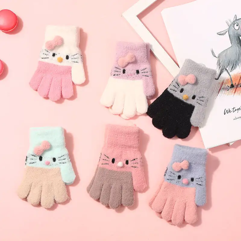 Wholesale kitty bear rabbit cartoon plush gloves boys girls five fingers windproof warm winter gloves baby children