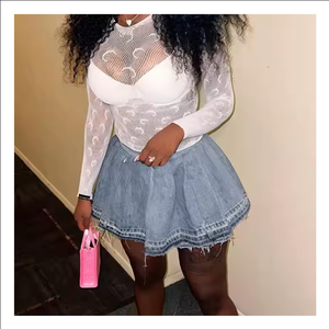 กระโปรงผ้ายีนส์สำหรับผู้หญิงกระโปรงสั้นย้อนยุคสุดเซ็กซี่สำหรับฤดูร้อนกระโปรงยีนส์ขนาดเล็กมีพู่สีจาง100% - Product Image 4