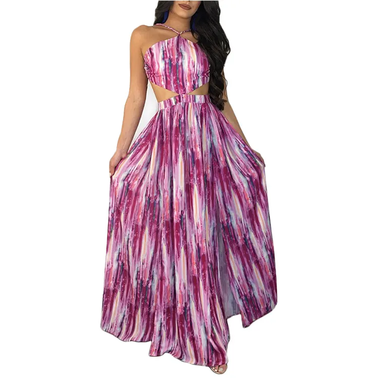 S2028 hueco cintura vestido de seda patrón fotos de mujeres Sexy Halter Floral Maxi largo vestido verano playa vestido