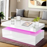 Tables basses en bois pour salon avec éclairage LED RGB blanc brillant et 2 tiroirs de rangement
