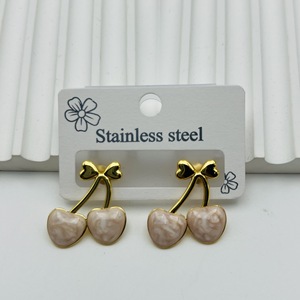 Hot-selling Oil-drop Style Cherry Simulated Sweet 18k Gold Stainless Steel <b>Red</b> Green <b>Earrings</b> Wholesale - Product Image 2