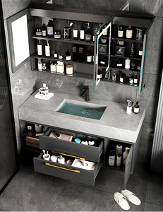 French style luxury solid wood floor standing bathroom cabinet, ceramic integrated basin bathroom <b>mirror</b> cabinet - Product Image 5