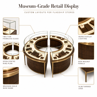 Comptoir de présentation de bijoux en verre trempé incurvé circulaire, vitrine îlot en métal et bois, personnalisable OEM/ODM pour bijouterie