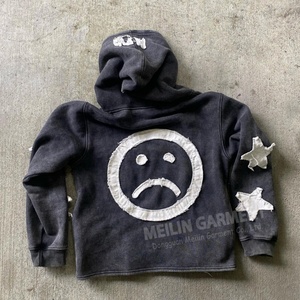 Clothing Custom Manufacturerwashed French Terry Hoodies Applique Patch Embroidery Vintage Distressed Acid Wash Zip up Hoodie - Product Image 2