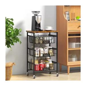 <b>Rolling</b> Storage Cart Large Capacity Utility Cart <b>Wooden</b> Tabletop Mesh Baskets Metal Construction Use for Spices <b>Kitchen</b> - Product Image 1