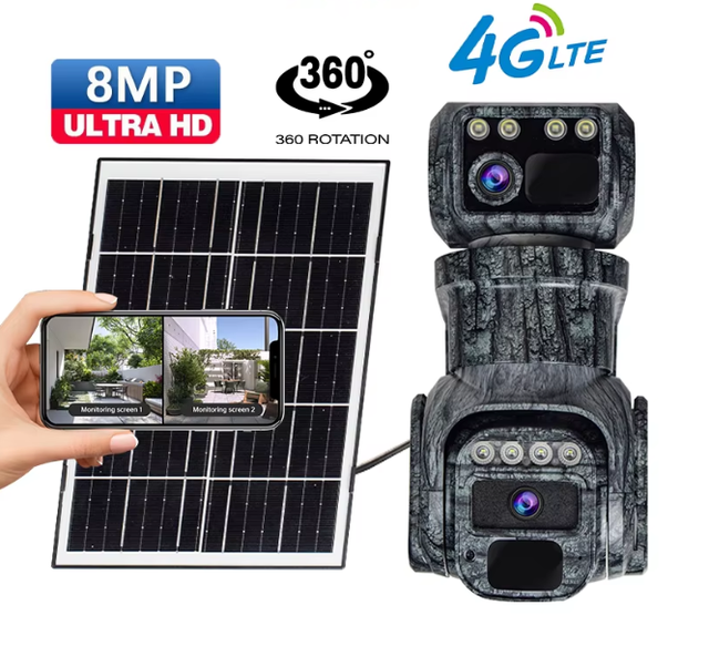 Solar-Powered 4K Dual-Lens Hidden Hunting Camera with Rotation Motion Detection Color Night Vision and Alarm for Grassland Use