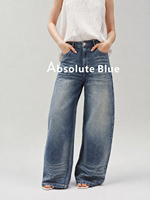 Celana Jeans Wanita High Waist Straight-leg Vintage Biru Denim Washed Longgar Kasual Premium Musim Panas Gugur Kancing Produsen OEM