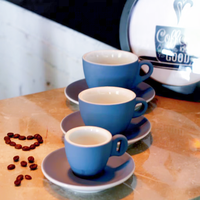 Ensemble tasse et soucoupe à café en porcelaine artisanale bleu mat 250 ml, moderne, LEXI, durable, pour la maison, le café, l'hôtel, logo personnalisé, cadeau, décoration de table
