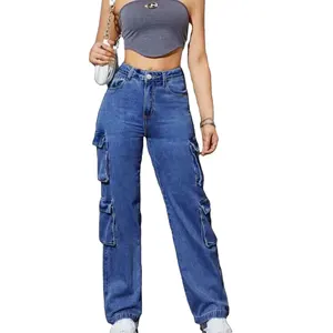 Zhuoyang Kledingstuk Nieuwe Trendy Dames Groothandel Multi Pockets Denim Broek Fabrikant Custom Losse Pasvorm Vrouwen Gewassen Wijde Pijpen Jeans