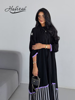 Nouvelle Abaya Hafizah noire et violette à bordure contrastante, ourlet rayé, devant ouvert, coupe ample, modeste, style Dubaï, pour femmes musulmanes, long manteau kimono, vente en gros