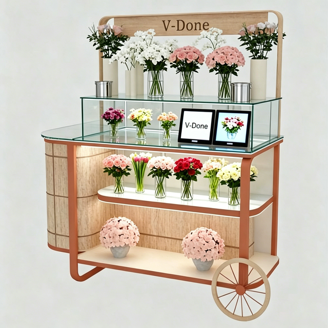 Custom Mobile Flower Cart Display Stand with Glass Shelves & LED Light for Florist Shop Kiosk