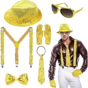 Accessoires de scène DISCO en gros : Costume <span class=keywords><strong>Michael</strong></span> <span class=keywords><strong>Jackson</strong></span> rayé avec paillettes, <span class=keywords><strong>chapeau</strong></span>, cravate et gants pour fêtes et mariages - 100% authentique - Product Image 1