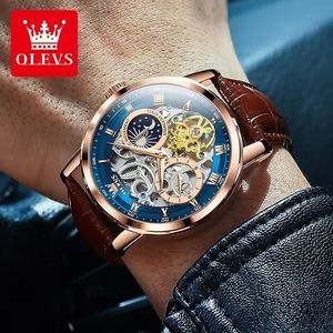 OLVES 6670 Reloj de cuero de oro rosa hueco totalmente automático para hombre con logotipo de diseño 3D Pantalla de esfera de puntero resistente al agua - Product Image 3