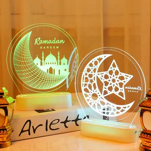 Muslim Islam 3D Hanging Castle Moon Decoration Eid Mubarak Ramadan LED Lights EID Decorations Acrylic LED Lantern Supplies