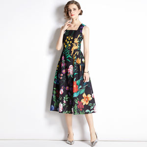 Vestido midi sin mangas con cuello cuadrado y estampado floral de diseñador, estilo bohemio de verano, espalda descubierta, talla grande, Vestidos Traf - Product Image 1