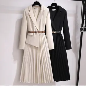 OUDINA Français Vêtements pour Femmes Élégant Plus Size Décontracté Plissé Avec Ceinture Robes Longues Robe Blazer Pour Femmes