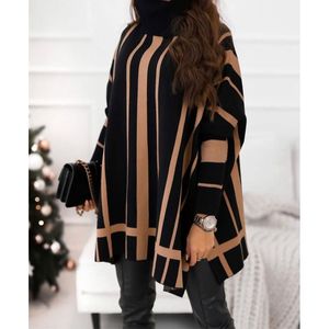 Mybeefashion Poncho Kazakh pour femmes, cardigan noir rayé en tricot, pull à col roulé à manches longues, vêtement d'extérieur, manteau de mode hivernal - Product Image 1