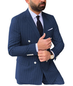 Traje <span class=keywords><strong>Azul</strong></span> a Rayas para <span class=keywords><strong>Hombre</strong></span>, Blazer Cruzado, Traje de Dos Piezas con Solapa en Pico, Corte Entallado, Esmoquin Personalizado para Novio, Trajes de Gala, Ternos - Product Image 2