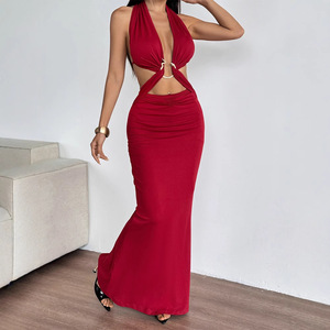 ชุดเดรสคอวีเปิดหลังเซ็กซี่สีแดงสำหรับผู้หญิงชุดเดรสยาวผูกเชือกแฟชั่นแนวสตรีทใหม่สำหรับฤดูร้อน - Product Image 3