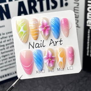 TSZS 10 <span class=keywords><strong>Uñas</strong></span> Acrílicas Medianas en Forma <span class=keywords><strong>de</strong></span> Almendra, Hechas a Mano, con Flores 3D, Gotas <span class=keywords><strong>de</strong></span> Agua y Diamantes <span class=keywords><strong>de</strong></span> Imitación, Pintadas a Mano, Desmontables - Product Image 2