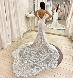 Gaun Pengantin Sederhana Putri Duyung Backless Satin Renda Applique Backless Menyapu Kereta 2023 Mode Gaun Pengantin