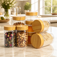 Pot de conservation alimentaire transparent en PET avec couvercle à vis anti-fuite, col à 56 dents, couvercle à motif bois par transfert d'eau, étiquette personnalisée avec impression UV