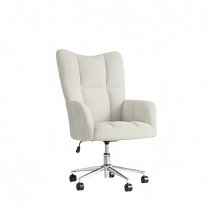Chaise de bureau en velours blanc crème, dossier capitonné, pivotante, base chromée, réglage manuel, design contemporain - Product Image 1