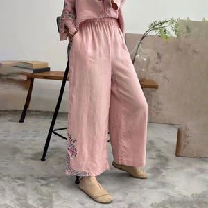 Cotton Linen Cropped Pants Wide Leg Embroidered Pink Loose Fit Casual Women's Pants Breathable Summer Style - Product Image 1