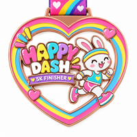 Médaille personnalisée OEM ODM en forme de cœur avec découpe, pour la course Happy Dash 5K, motif lapin mignon, avec ruban imprimé sur mesure