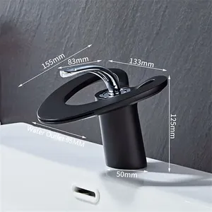 Robinets mitigeurs de lavabo chaud et froid Robinets de salle de bain Cascade en laiton Mitigeur monté sur pont Blanc et or/Noir/Gris pistolet/Chrome - Product Image 6