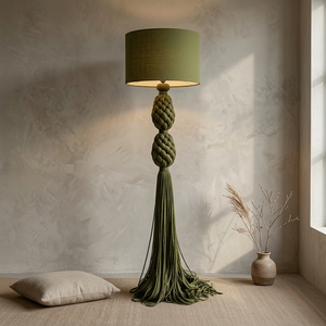 Farmhouse Tassel Floor Lamp Stable Iron Bracket Cotton Macrame Woven <b>Lampshade</b> Custom Color Size Boho Standing Light - Product Image 1