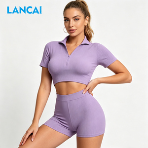 2026 Lancai Women 2 Piece Activewear Set Short Sleeve Zip Crop <b>Jacket</b> Booty Shorts Yoga Gym <b>Workout</b> Fitness Outfit Sportswear - Product Image 4