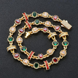 Collar de cadena de eslabones mixtos de racimo de piedras preciosas CZ y diamantes de circonita de color chapado en oro estilo Hip Hop - Product Image 6